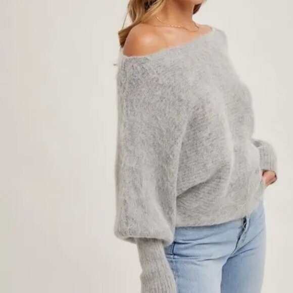CLEAR OUT!!! Boat Neck Dolman Sleeve Ribbed Fuzzy Knit Sweater - Picture 4 of 10